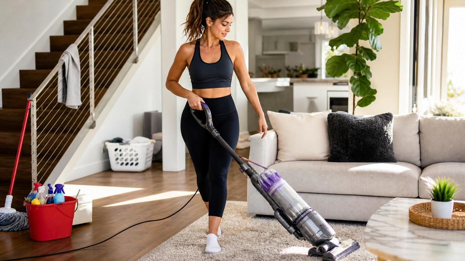 Femme faisant le ménage avec énergie, aspirateur à la main dans un salon ensoleillé.