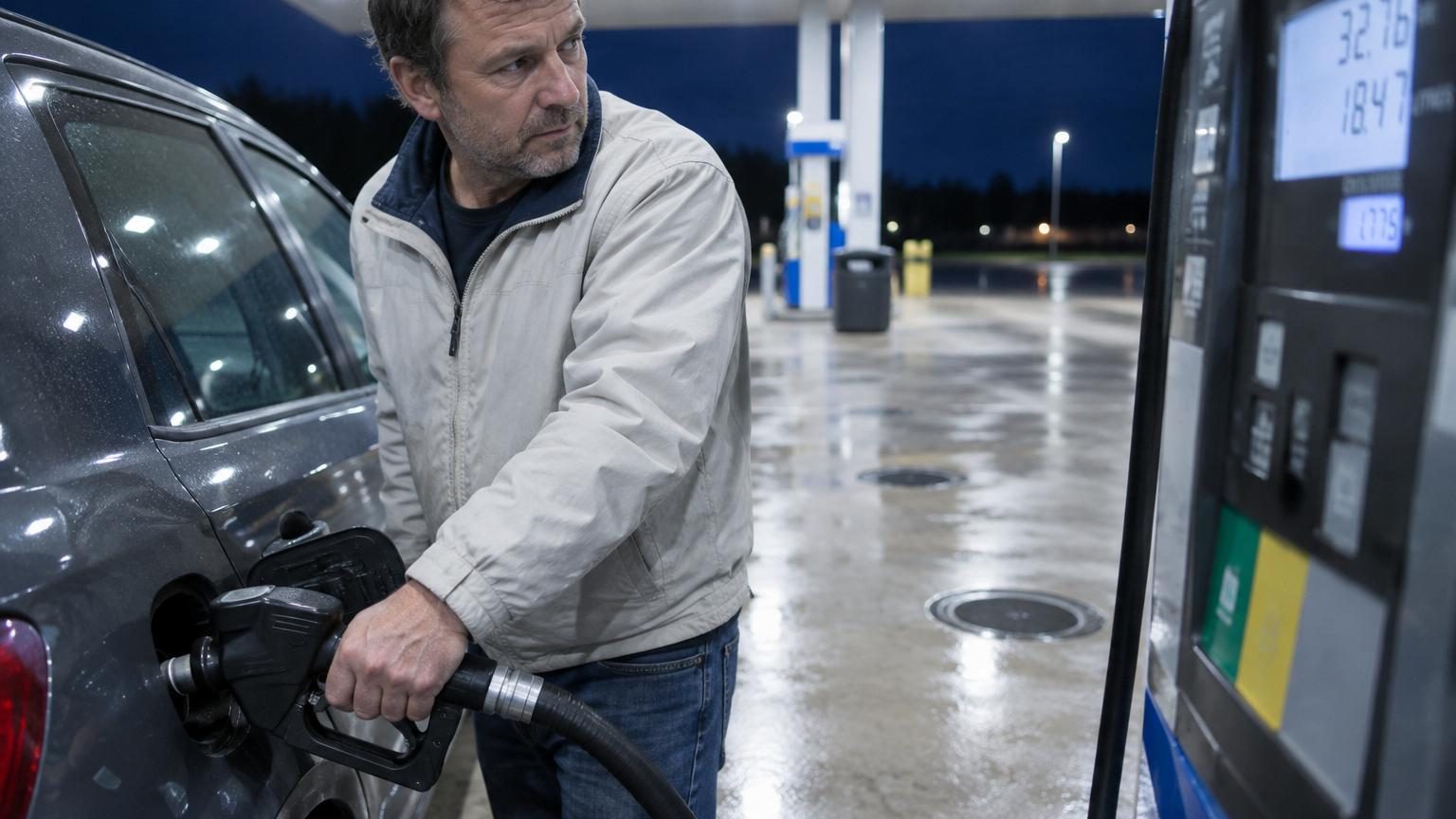 Professeur de physique expliquant un phénomène de contraction du carburant près d'une pompe à essence d'une station-service, avec des réservoirs souterrains visibles en schéma.