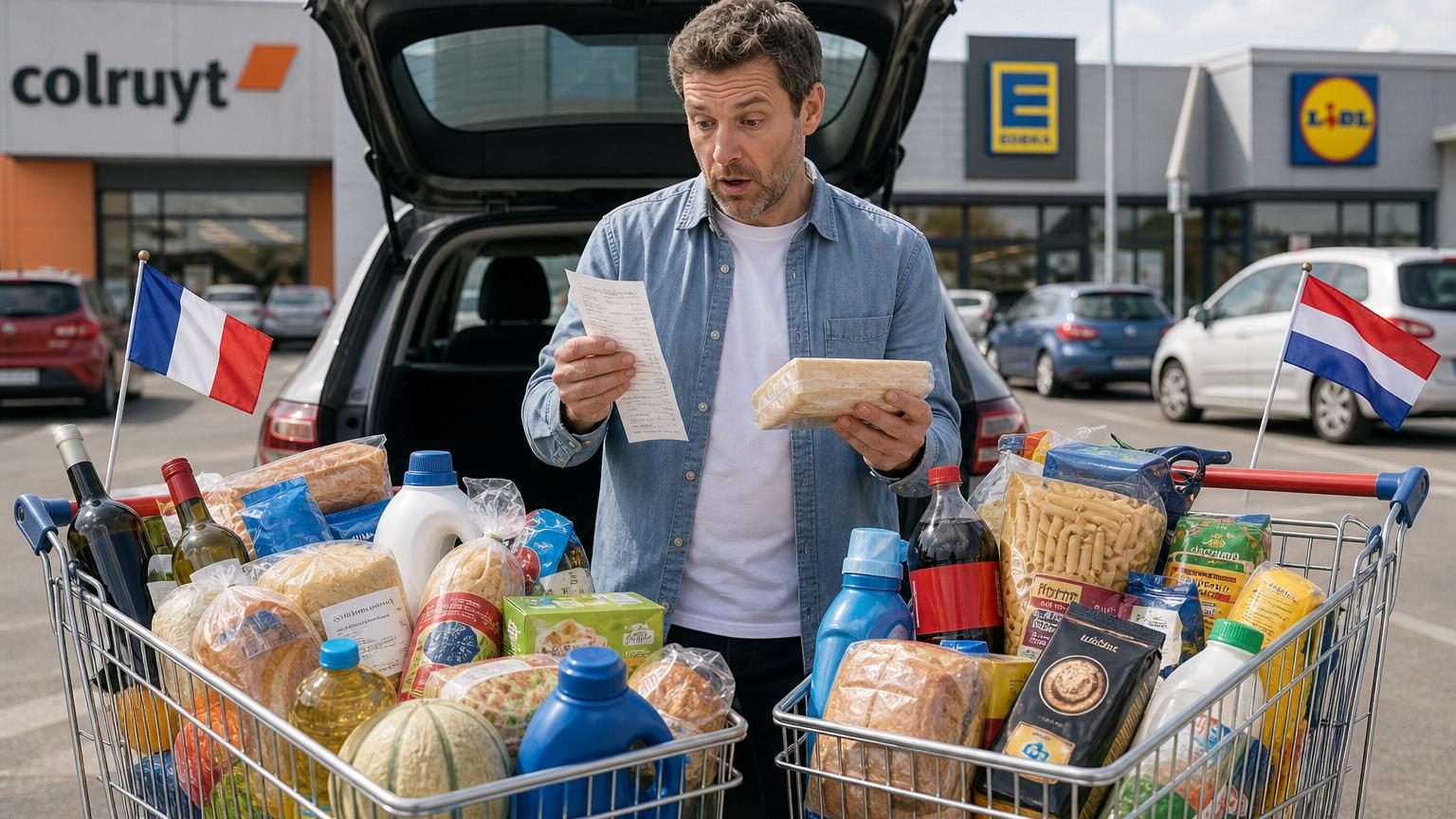 Caddie rempli de produits d'épicerie devant des rayons de supermarché en France, Belgique et Allemagne, illustrant la comparaison des prix à l'étranger.