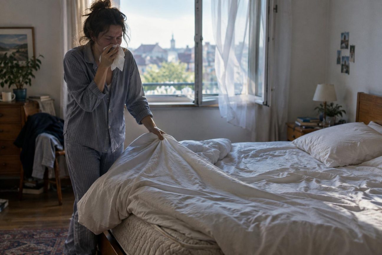 Lit défait le matin avec couette repliée au pied, draps et oreillers exposés à la lumière naturelle d'une fenêtre ouverte pour l'aération
