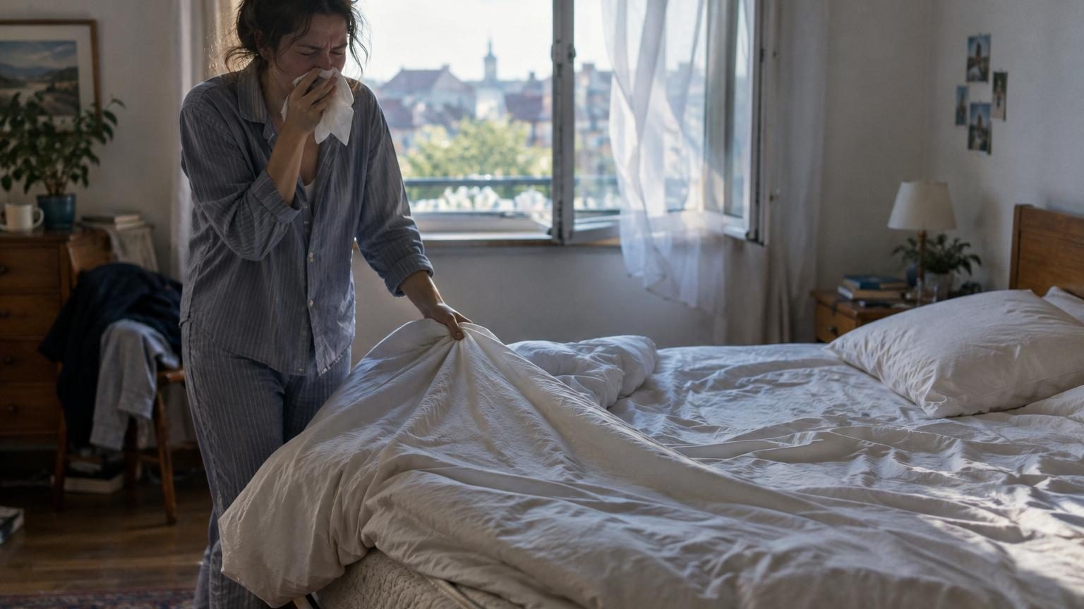 Lit défait le matin avec couette repliée au pied, draps et oreillers exposés à la lumière naturelle d'une fenêtre ouverte pour l'aération