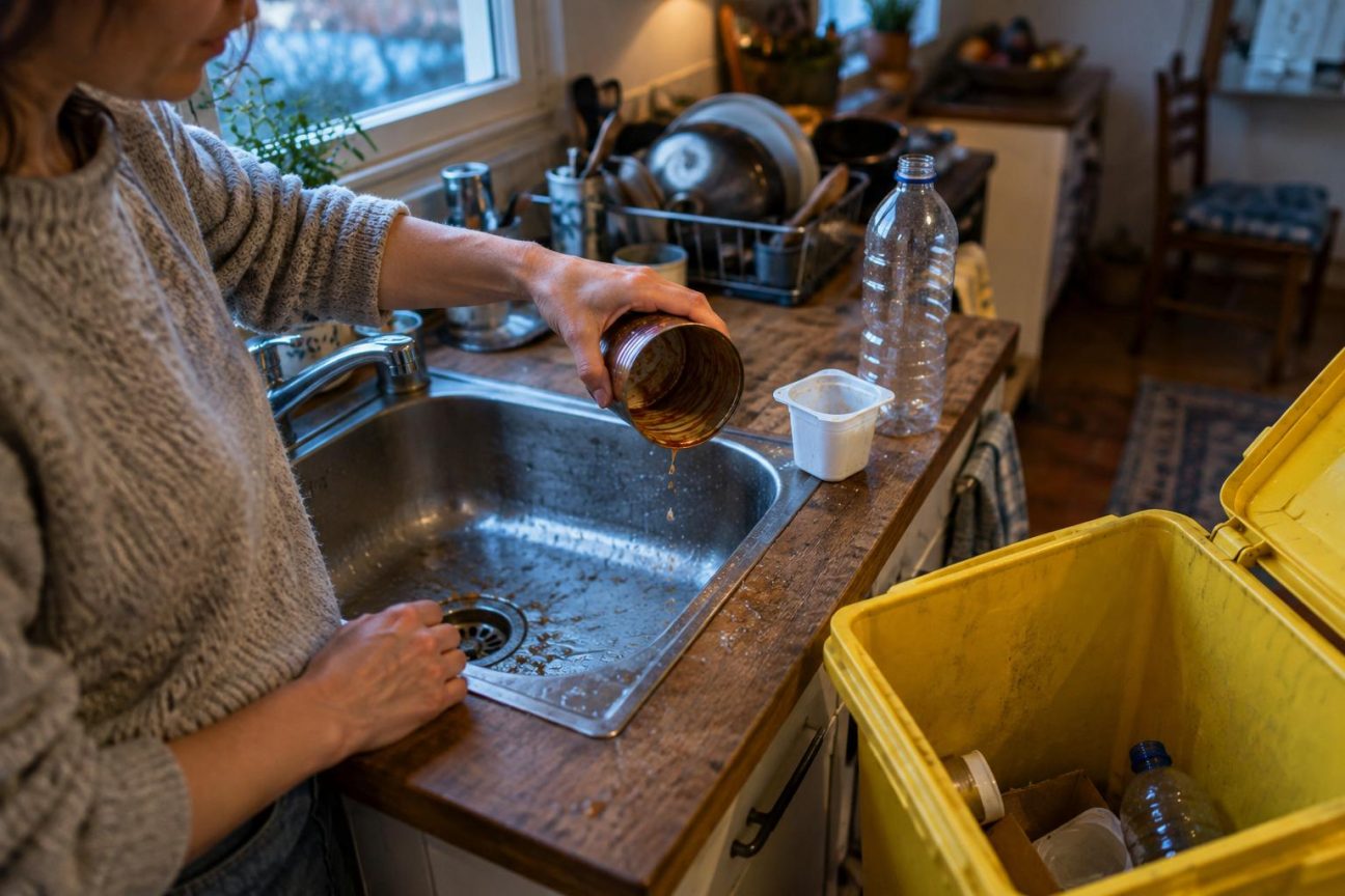 Vue de dessus d'un bac de recyclage rempli d'emballages vidés et séparés: bouteilles en plastique, boîtes de conserve en acier, cartons et pots vides.