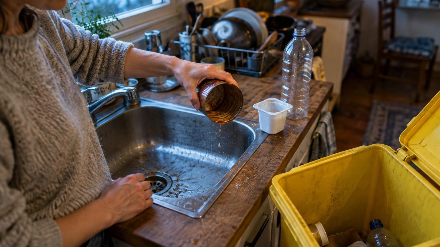 Vue de dessus d'un bac de recyclage rempli d'emballages vidés et séparés: bouteilles en plastique, boîtes de conserve en acier, cartons et pots vides.