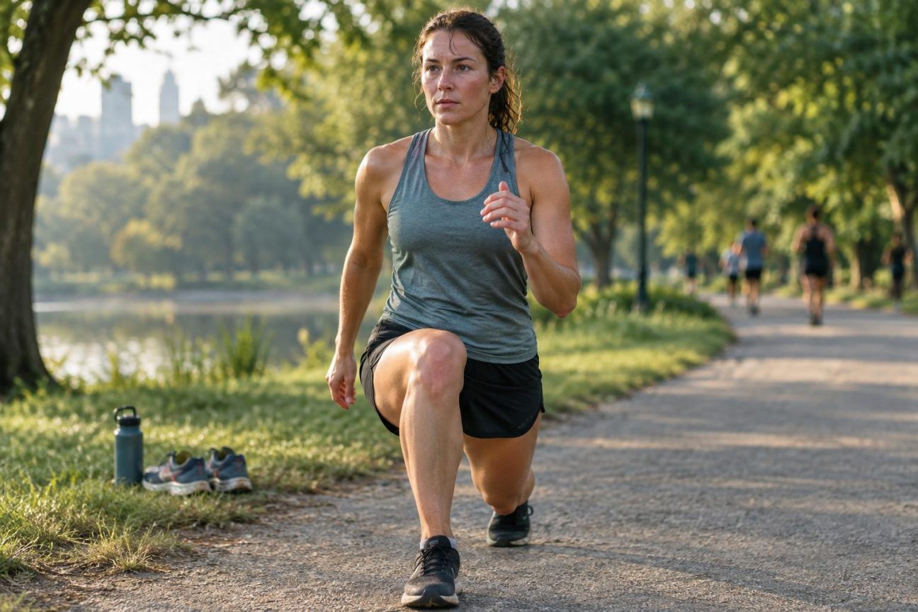 Sportif effectuant un échauffement dynamique avec mouvements de bras et rotations du buste avant une séance d'entraînement.