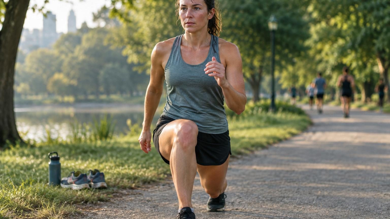 Sportif effectuant un échauffement dynamique avec mouvements de bras et rotations du buste avant une séance d'entraînement.