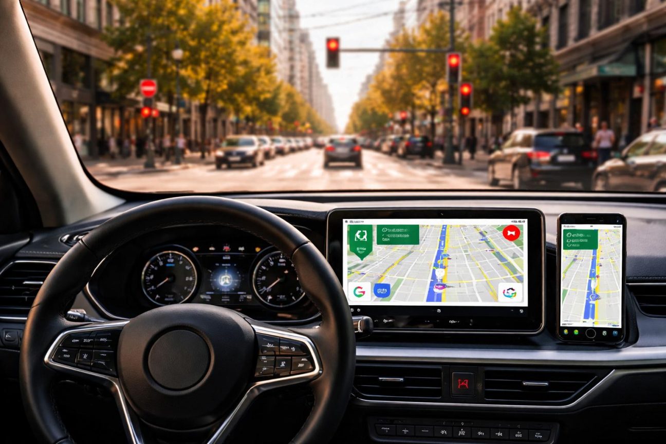 Interface de navigation Google Maps sur écran Android Auto affichant un pictogramme de feu tricolore rouge à côté du nom d'une rue pour anticiper le type de carrefour