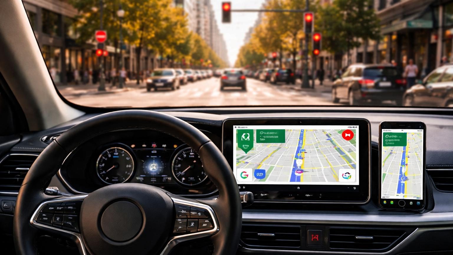 Interface de navigation Google Maps sur écran Android Auto affichant un pictogramme de feu tricolore rouge à côté du nom d'une rue pour anticiper le type de carrefour