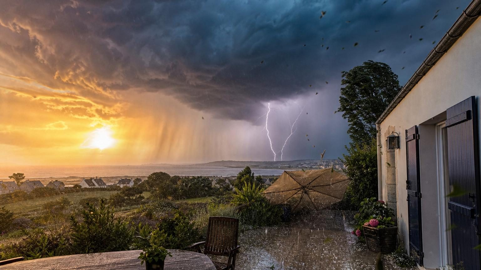Ciel jaune et menaçant au-dessus d'un jardin avant l'arrivée d'un orage, avec des stores et parasols exposés au vent; transition entre chaleur estivale et dégradation météorologique.
