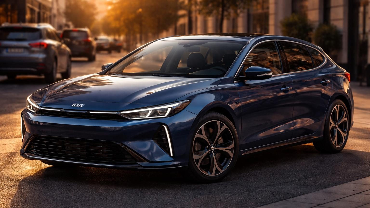Présentation d'une compacte à hayon Kia K4 grise aux lignes épurées, affichant une calandre pleine largeur, des projecteurs LED verticaux et un profil dynamique de quasi-coupé.