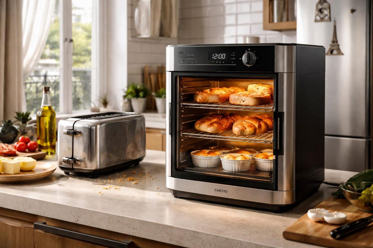 Four multifonction compact vertical gris argent posé sur un plan de travail de cuisine minimaliste avec des tranches de pain et viennoiseries à l'intérieur.