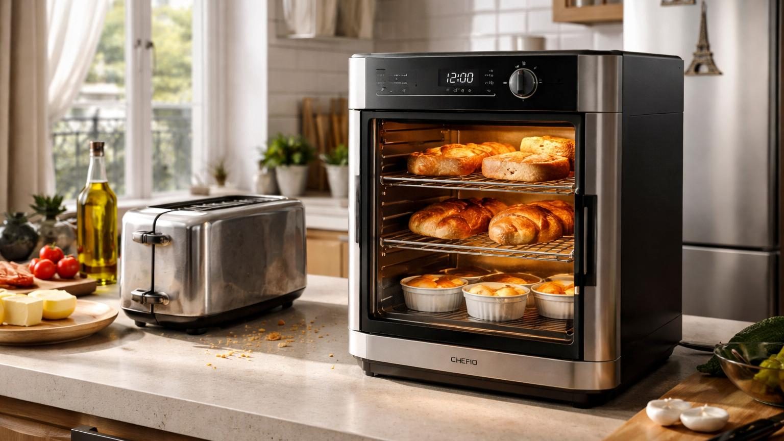 Four multifonction compact vertical gris argent posé sur un plan de travail de cuisine minimaliste avec des tranches de pain et viennoiseries à l'intérieur.