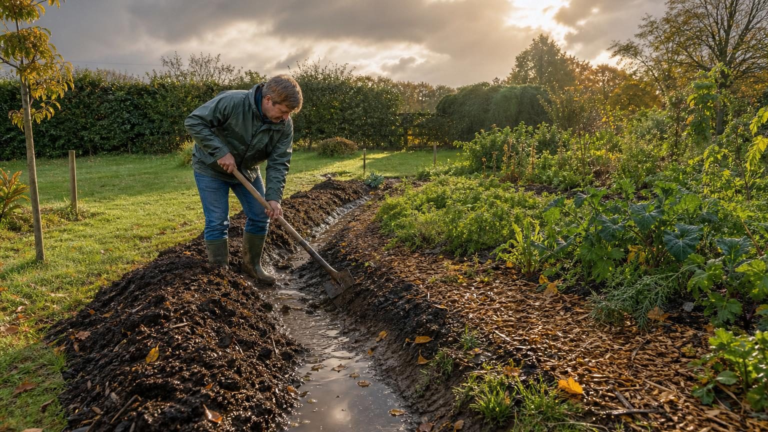 Terrain de jardin avec une zone humide visible près d'un potager, montrant une petite noue creusée et du paillage fraîchement étalé sous un ciel automnal