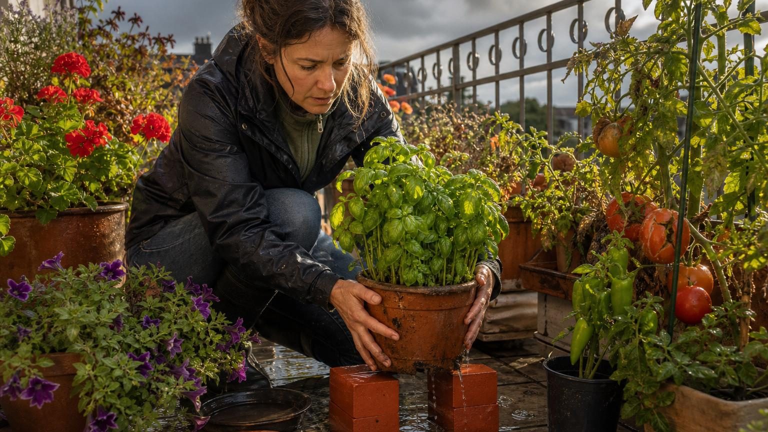 Terrasse avec plusieurs bacs et jardinières surélevés sur des briques, les tiges de géraniums et basilic commençant à se redresser après des semaines d'humidité excessive