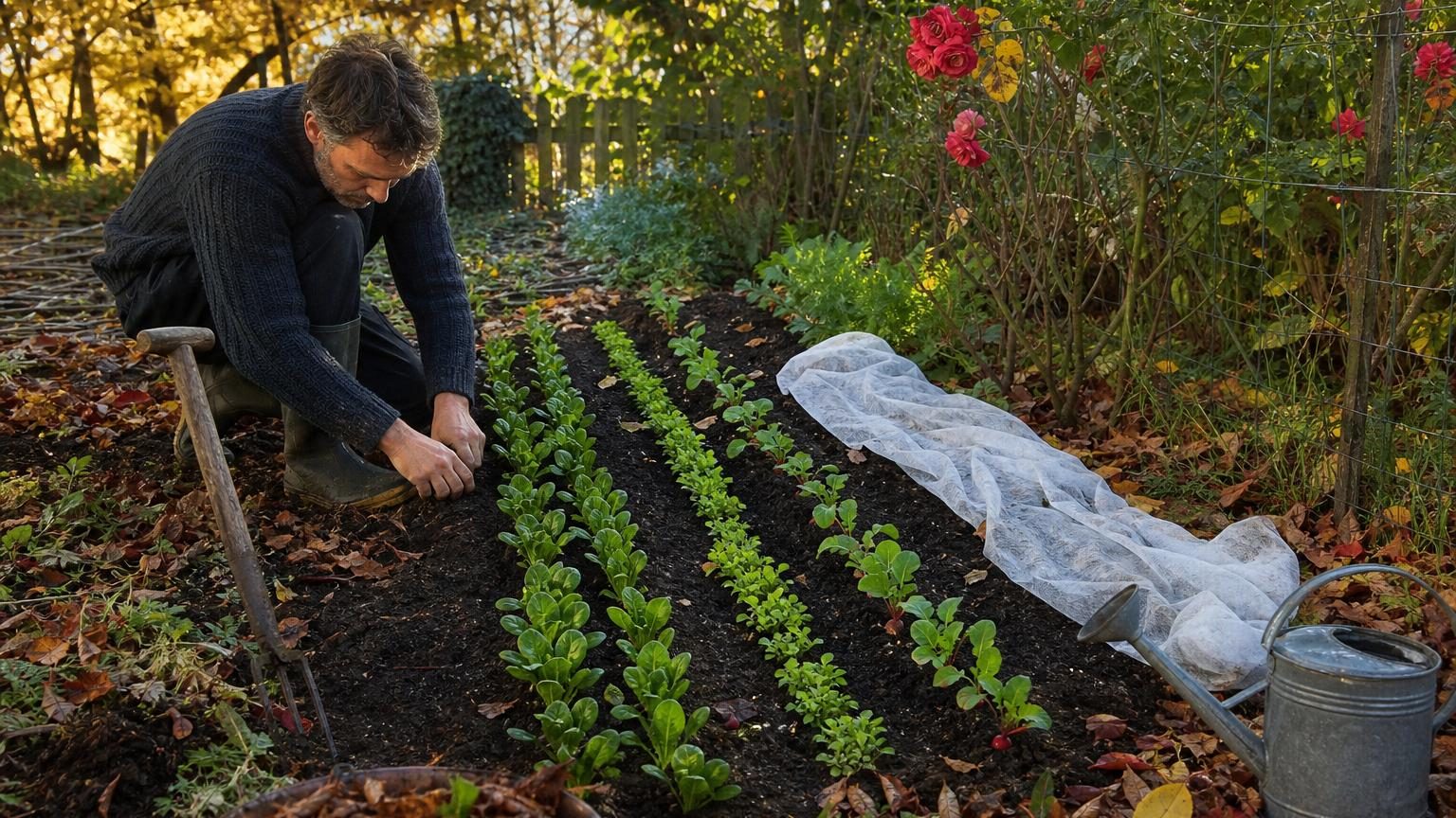 Un petit potager en automne avec des rangs de mâche, épinards et radis fraîchement semés dans un rectangle de terre, protégés par un voile blanc, entre un rosier et un grillage.