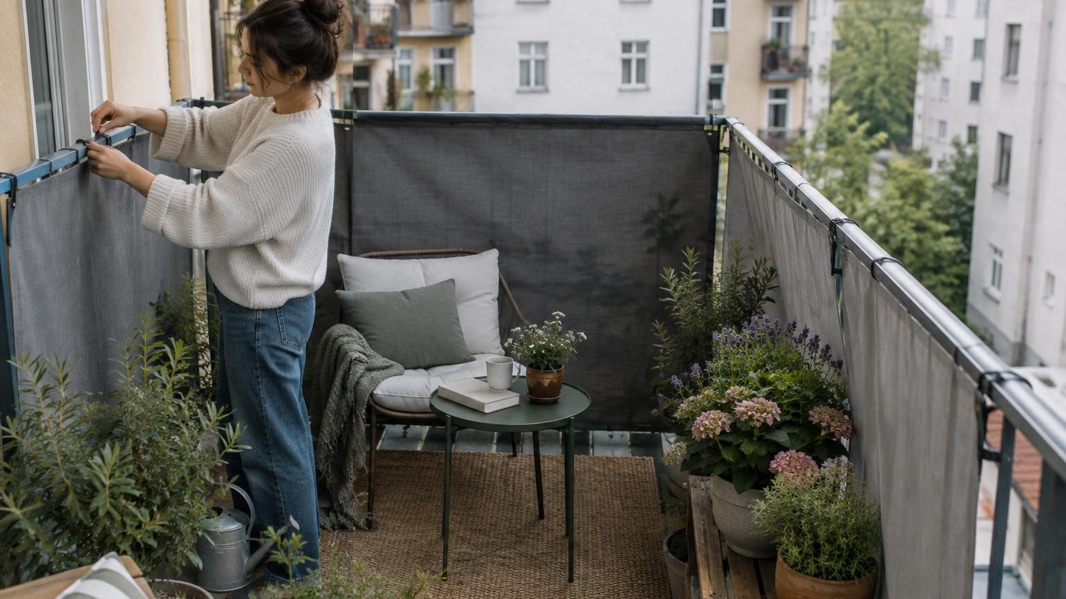 Paravent en bois naturel sur balcon urbain, servant de banc avec coffre de rangement intégré pour créer une zone d'intimité protégée des regards des voisins et de la rue.
