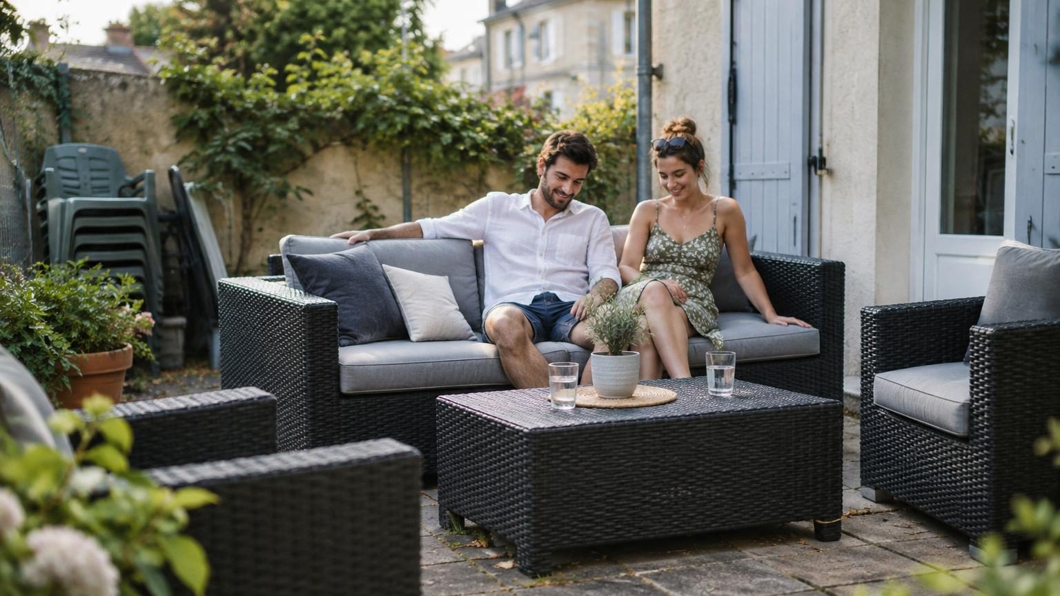 Salon de jardin en résine tressée beige avec canapé d'angle réversible et table basse assortie, coussins neutres, style méditerranéen épuré sur une terrasse ensoleillée.