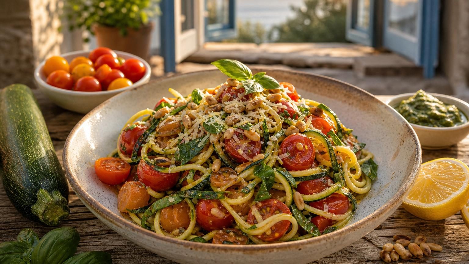 Assiette généreuse de spaghettis de courgette garnis de sauce tomate, pignons grillés et herbes fraîches sur une table d'été lumineuse.