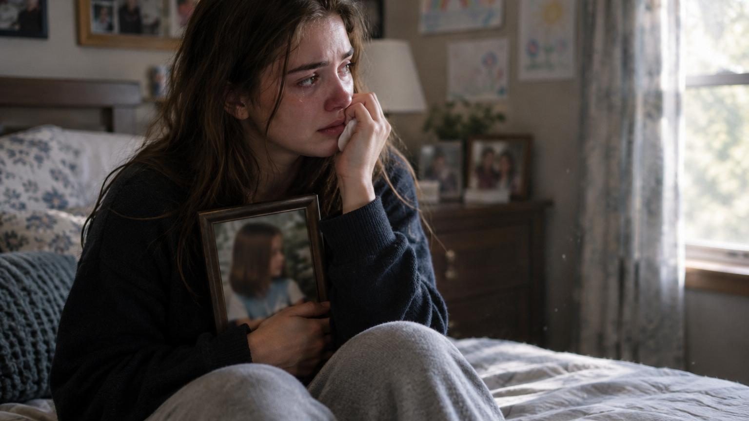 Mabel tient la main de sa jeune sœur Fiona, 13 ans, toutes deux regardant vers la caméra avec un mélange de timidité et d'assurance.