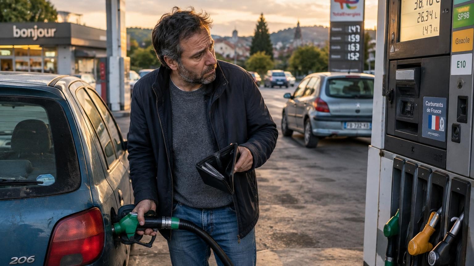 Pompe à essence affichant un total élevé sur son écran, symbolisant les prix élevés du carburant et l'inquiétude des conducteurs face aux dépenses croissantes de carburant.