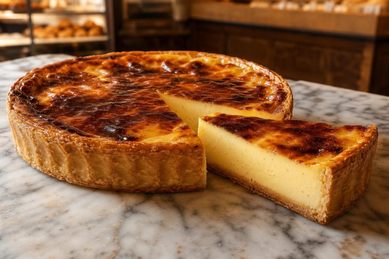 Flan pâtissier doré et brillant découpé en parts égales, montrant sa texture lisse et crémeuse avec un fond de pâte brisée croustillante bien nette.
