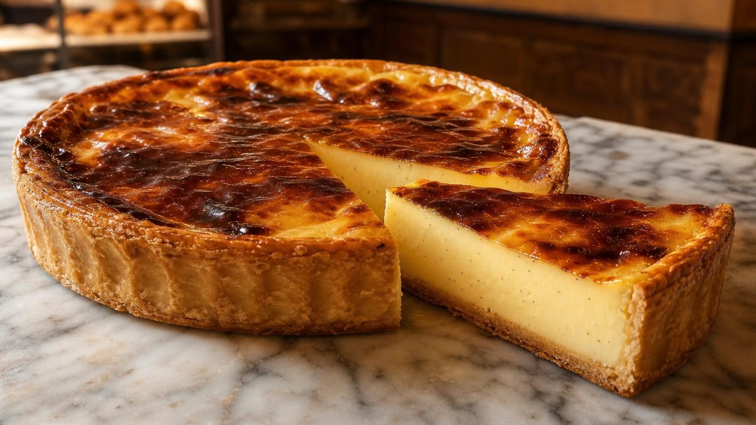 Flan pâtissier doré et brillant découpé en parts égales, montrant sa texture lisse et crémeuse avec un fond de pâte brisée croustillante bien nette.