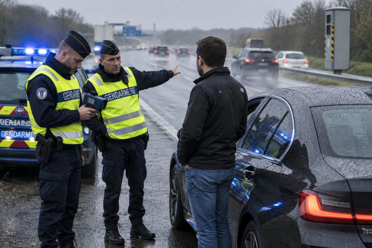Radar de vitesse photographiant un véhicule en excès de vitesse sur route mouillée par temps pluvieux, symbolisant le débat entre prévention et répression.