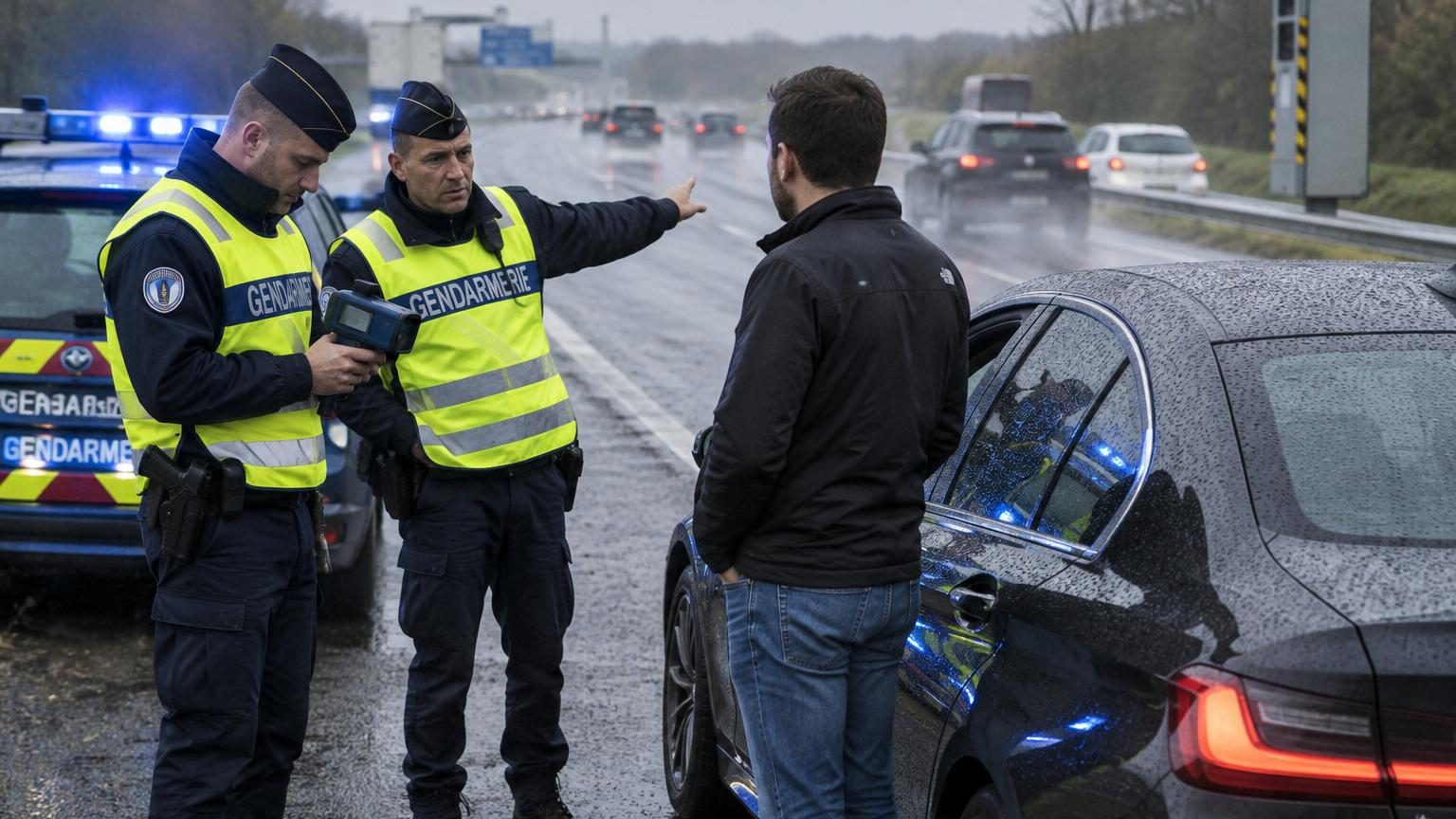 Radar de vitesse photographiant un véhicule en excès de vitesse sur route mouillée par temps pluvieux, symbolisant le débat entre prévention et répression.
