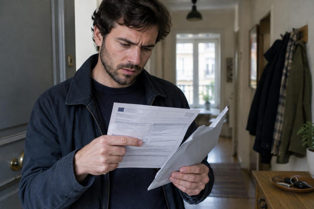 Un automobiliste examine attentivement un procès-verbal de contravention routière reçu par courrier, détectant une erreur dans les informations portées sur le document officiel.