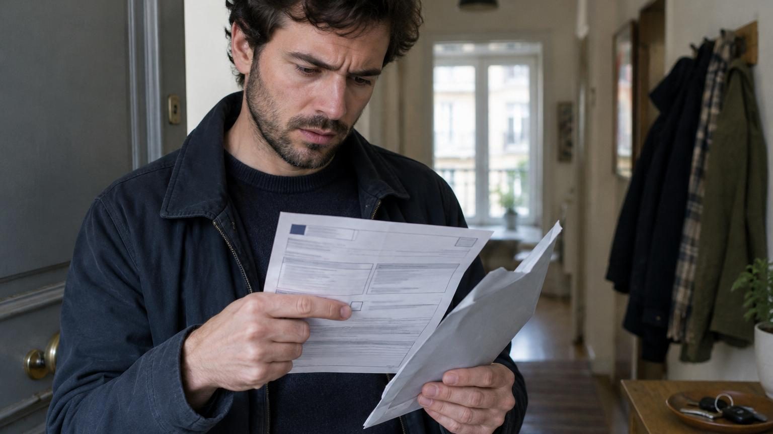 Un automobiliste examine attentivement un procès-verbal de contravention routière reçu par courrier, détectant une erreur dans les informations portées sur le document officiel.