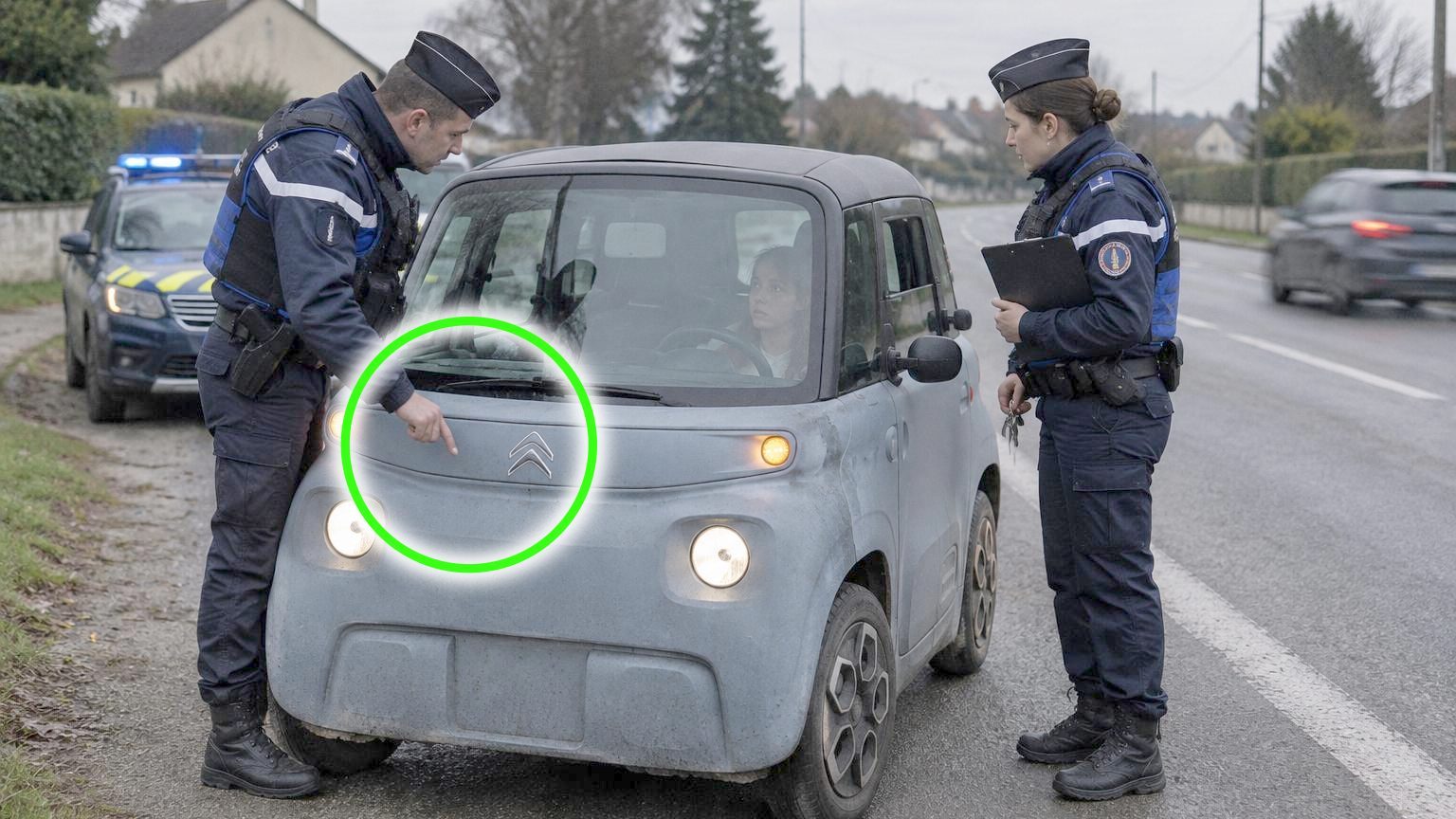 Citroën Ami jaune ou colorée, vue de trois-quarts, avec un radar de contrôle routier en arrière-plan et des gendarmes effectuant un contrôle.