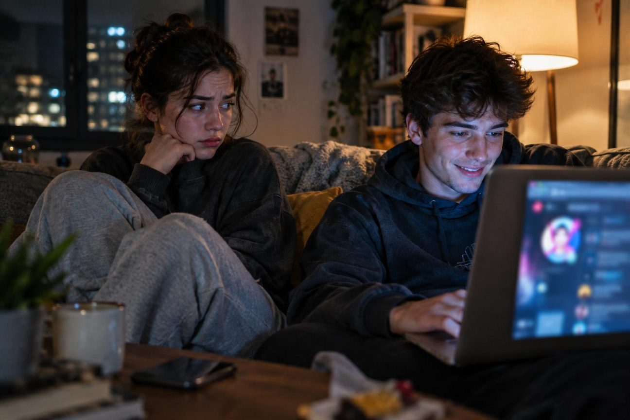 Illustration conceptuelle montrant une personne en interaction avec une interface numérique de chatbot affichant une conversation romantique sur écran.