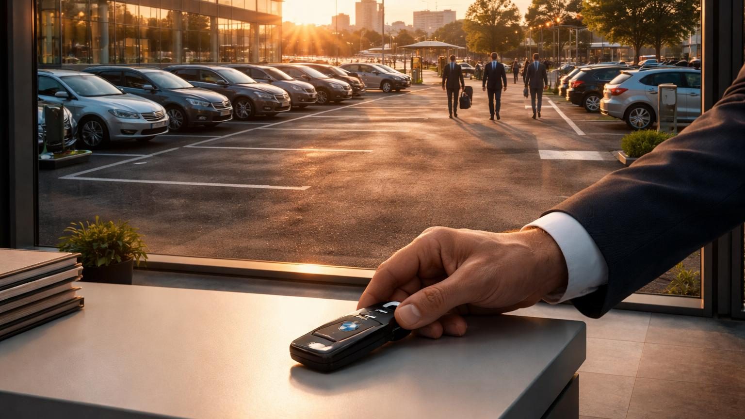 Vue d'ensemble d'un parc de véhicules de fonction d'entreprise avec plusieurs voitures garées, illustrant la contraction des flottes automobiles en France.