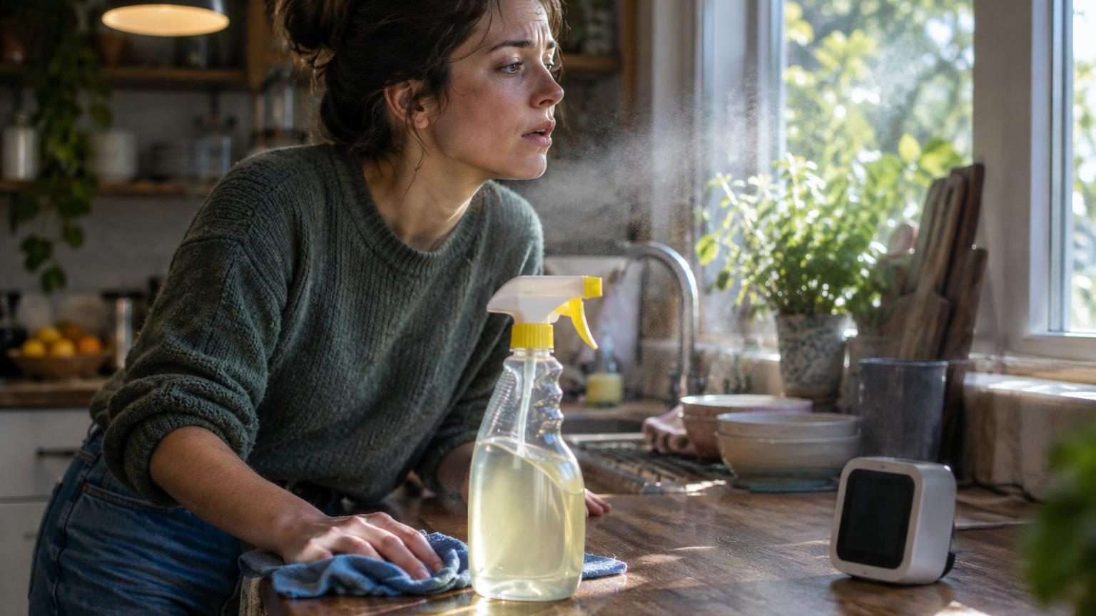 Intérieur d'une cuisine moderne avec une personne nettoyant une surface de plan de travail avec un produit en spray, illustrant la libération de particules chimiques invisibles lors du ménage.