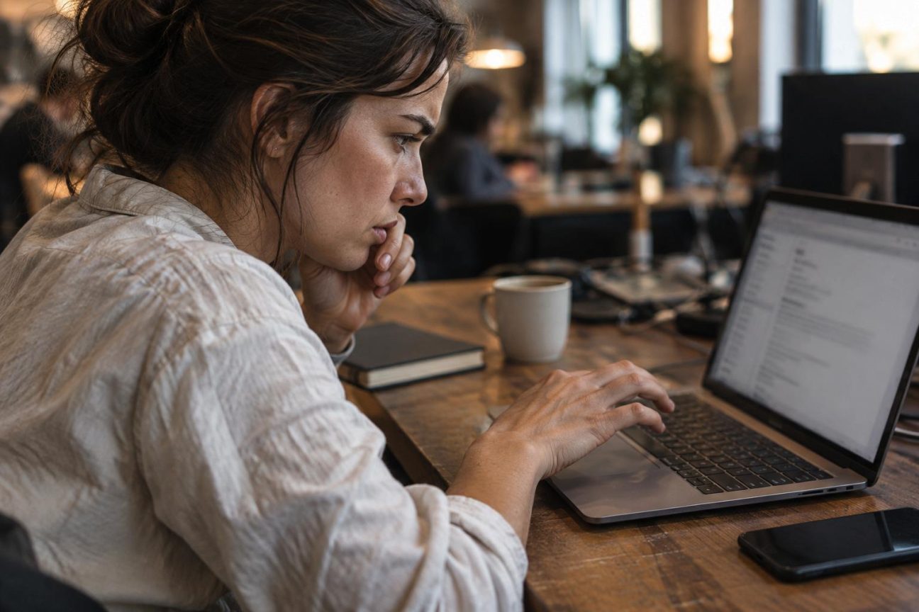 Personne écrivant un e-mail professionnel sur son ordinateur, concentrée sur la rédaction d'un message avec formules de politesse