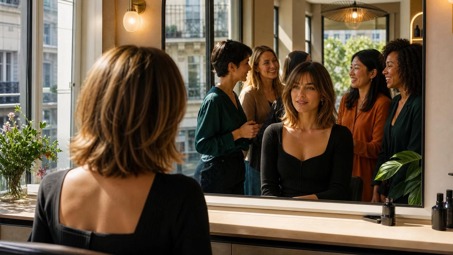 Une personne regardant son reflet dans le miroir avec satisfaction après une nouvelle coupe de cheveux, incarnant le changement positif et la confiance retrouvée.