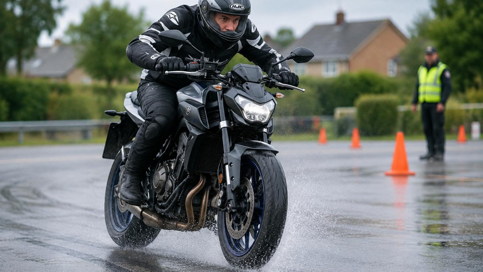 Motard en équipement de protection effectuant un freinage d'urgence sur une piste d'entraînement, avec marquages au sol mesurant la distance d'arrêt.