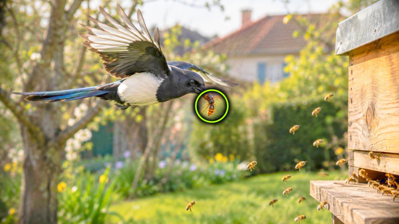 Un merle ou une mésange posé sur un fil téléphonique près d'une ruche, capturant un frelon asiatique sombre en vol stationnaire