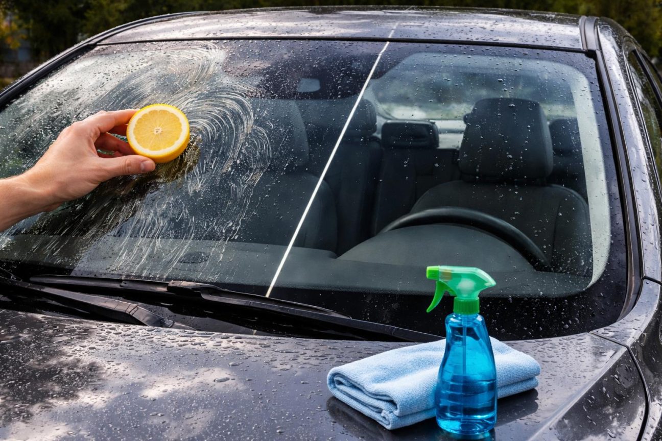 Un demi-citron frotté sur un pare-brise de voiture, avec des gouttelettes d'eau, illustrant l'astuce virale dangereuse pour le verre et les capteurs.