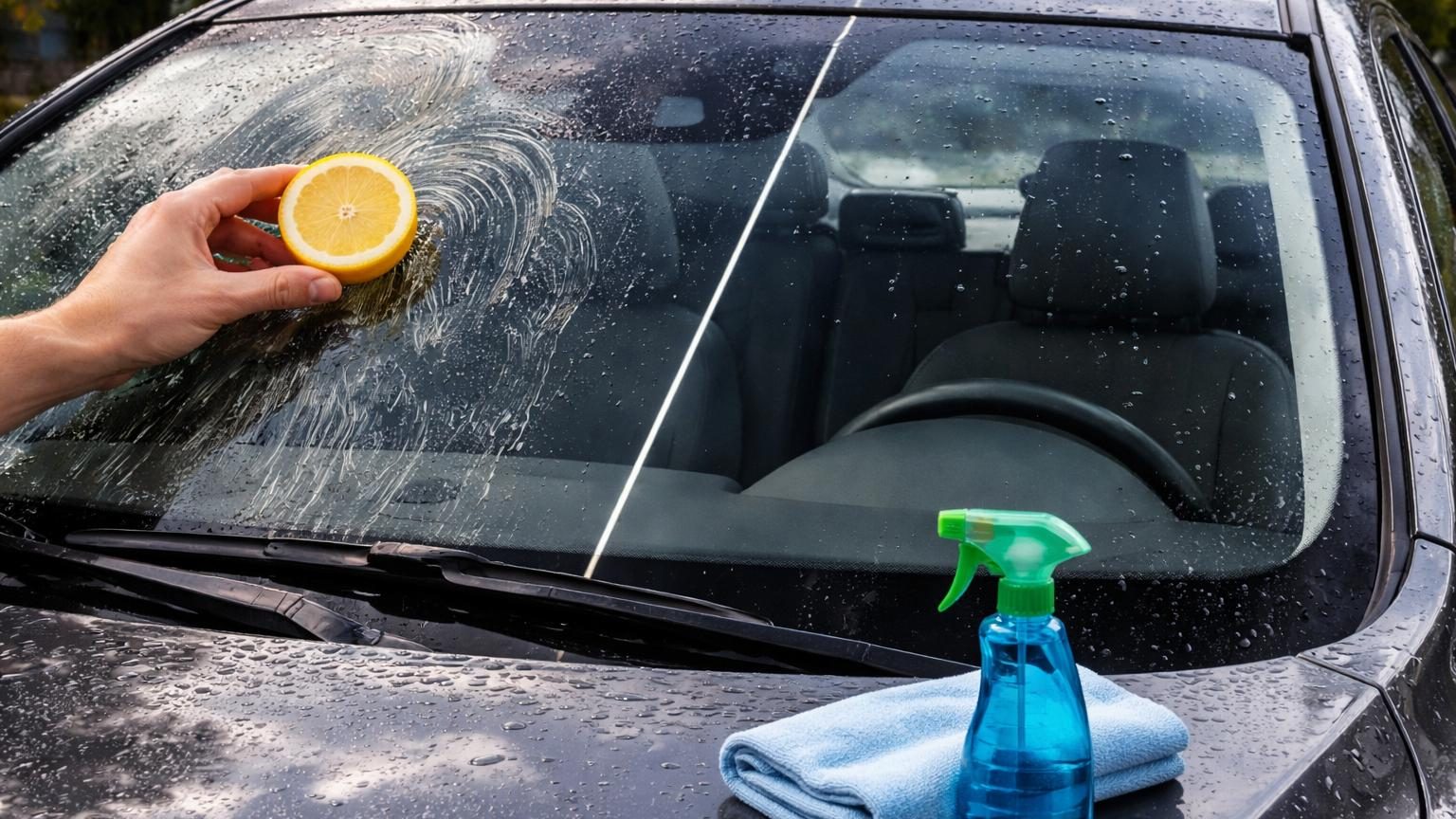 Un demi-citron frotté sur un pare-brise de voiture, avec des gouttelettes d'eau, illustrant l'astuce virale dangereuse pour le verre et les capteurs.