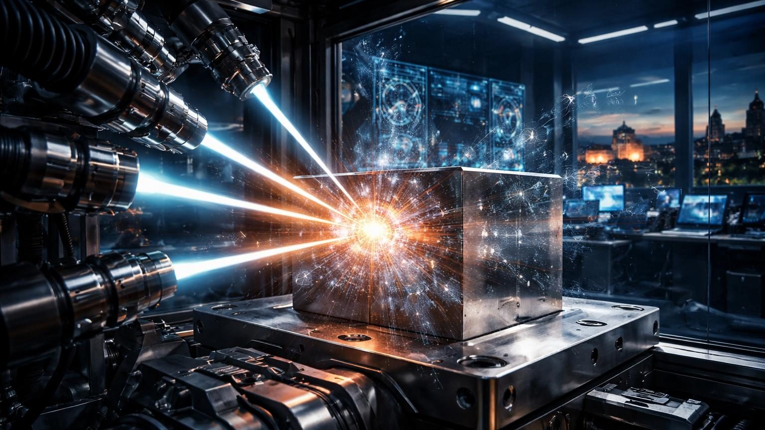 Représentation schématique d'un processus de fusion nucléaire dans un matériau solide avec bombardement par faisceaux de particules