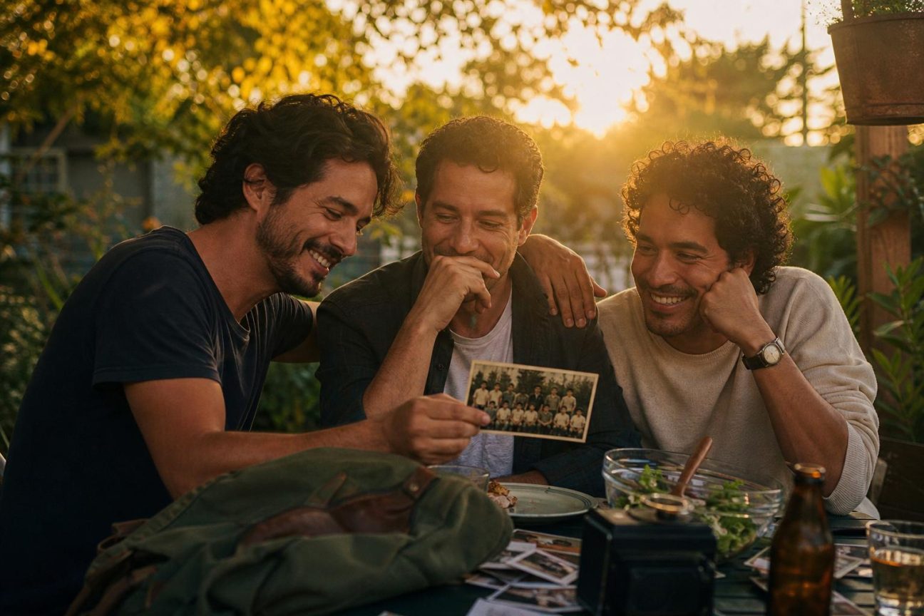 Groupe d'amis d'âges adultes riant ensemble autour d'une table, regardant une vieille photo de classe, rappelant des souvenirs partagés depuis l'école