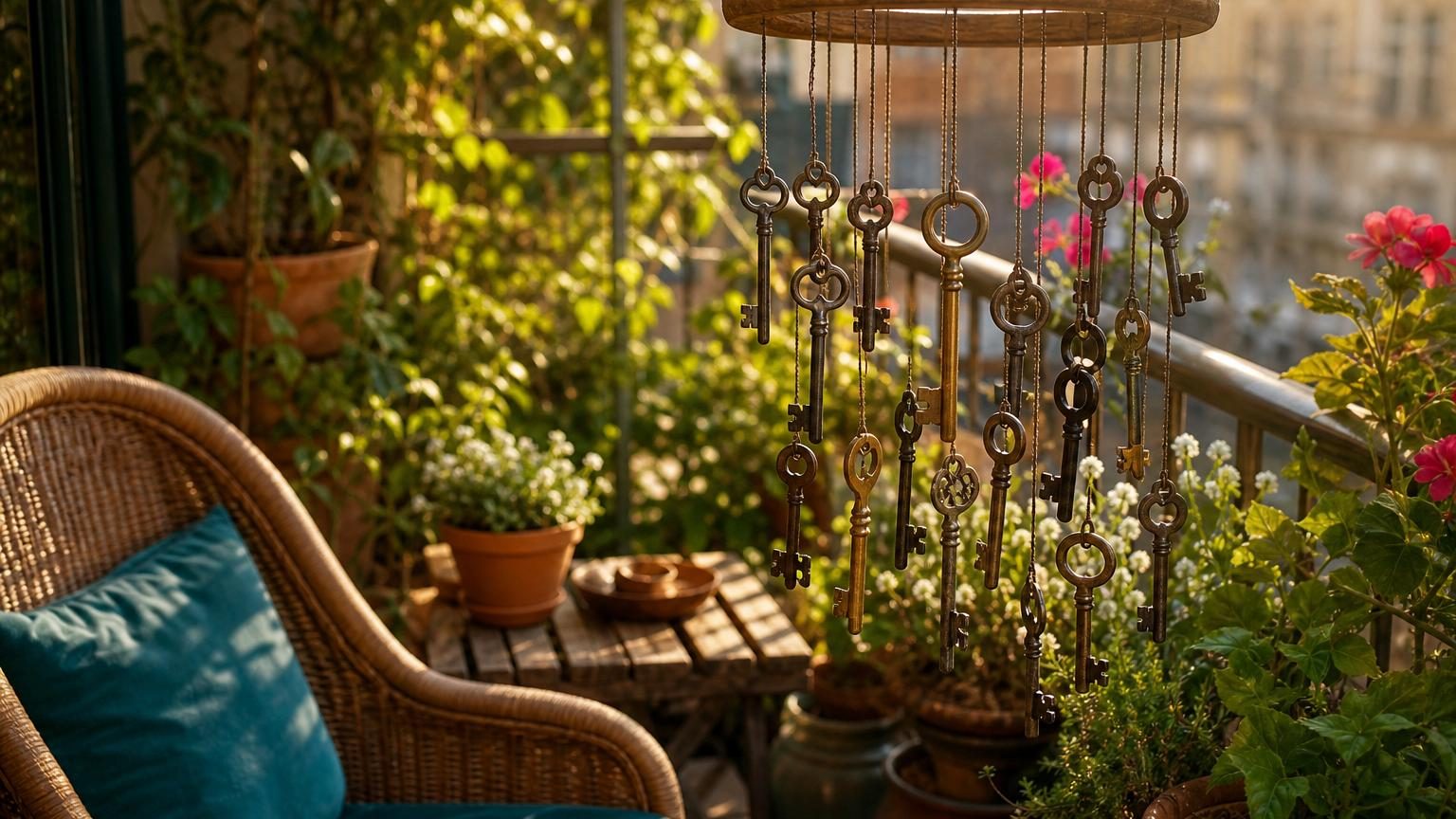 Carillon constitué de clefs anciennes suspendues à différentes hauteurs autour d'un support circulaire, accrochés à un balcon ou terrasse abritée, créant une ambiance sonore délicate au vent.