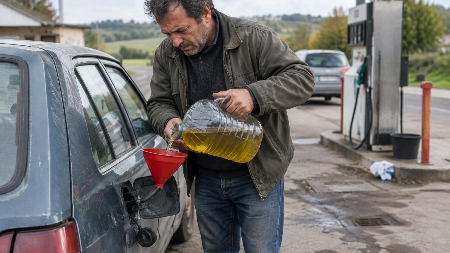 Pompe à essence affichant un prix de gazole élevé, avec en arrière-plan un vieux diesel roulant aux carburants alternatifs