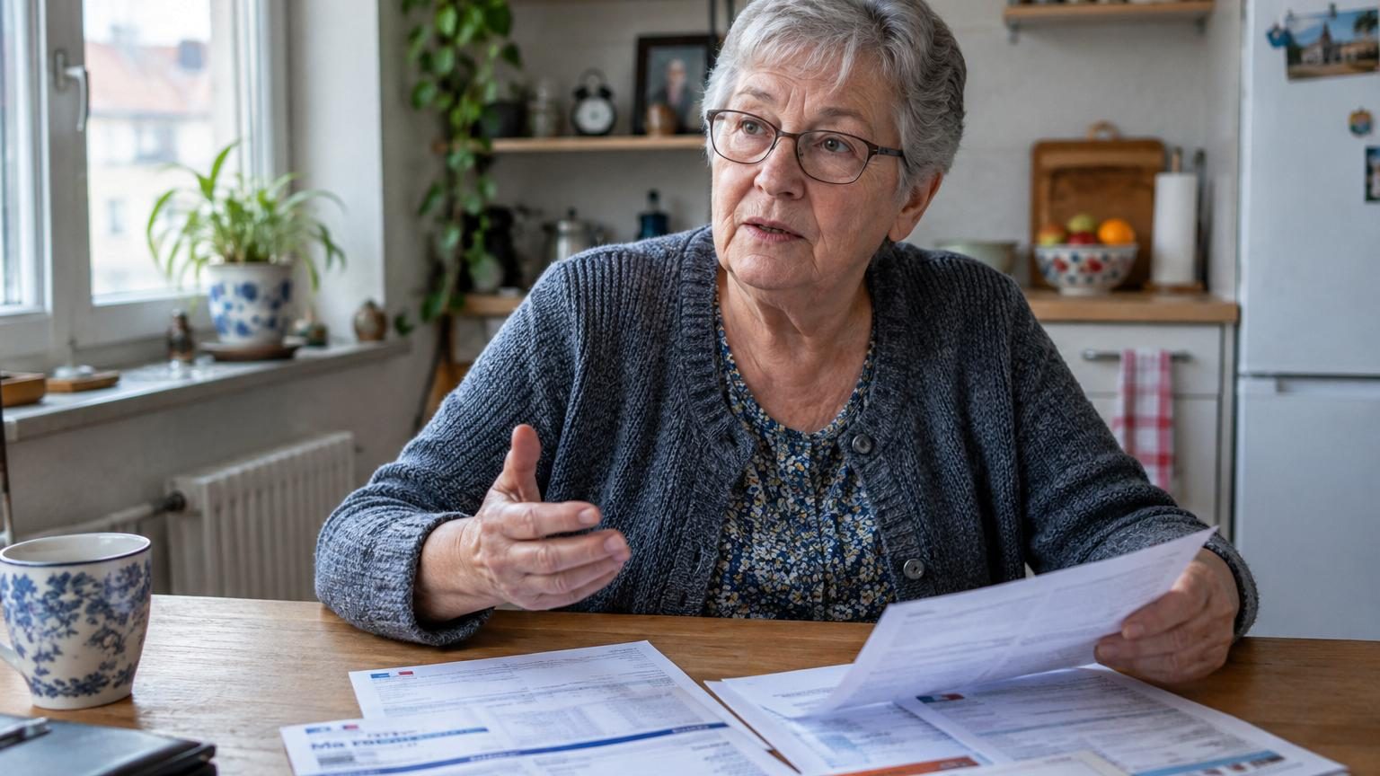 Portrait d'une femme retraitée assise chez elle avec des papiers et des relevés bancaires, symbolisant l'organisation budgétaire face au gel des pensions.