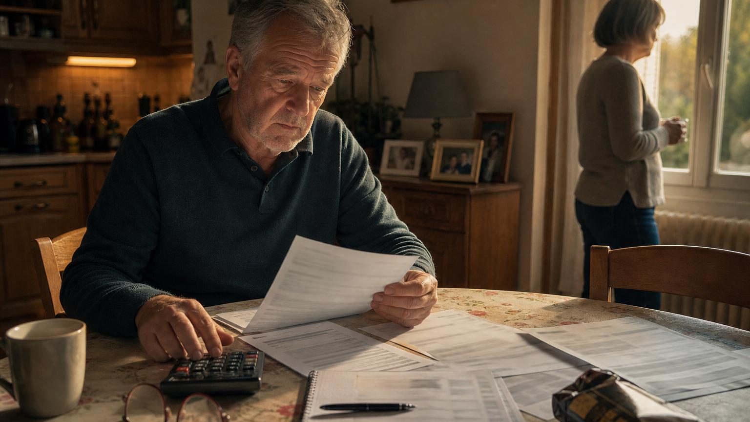 Un homme d'âge mûr assis à une table de cuisine examinant attentivement des documents financiers et un carnet de budget à côté d'une tasse de café, symbolisant la planification budgétaire pour la retraite.