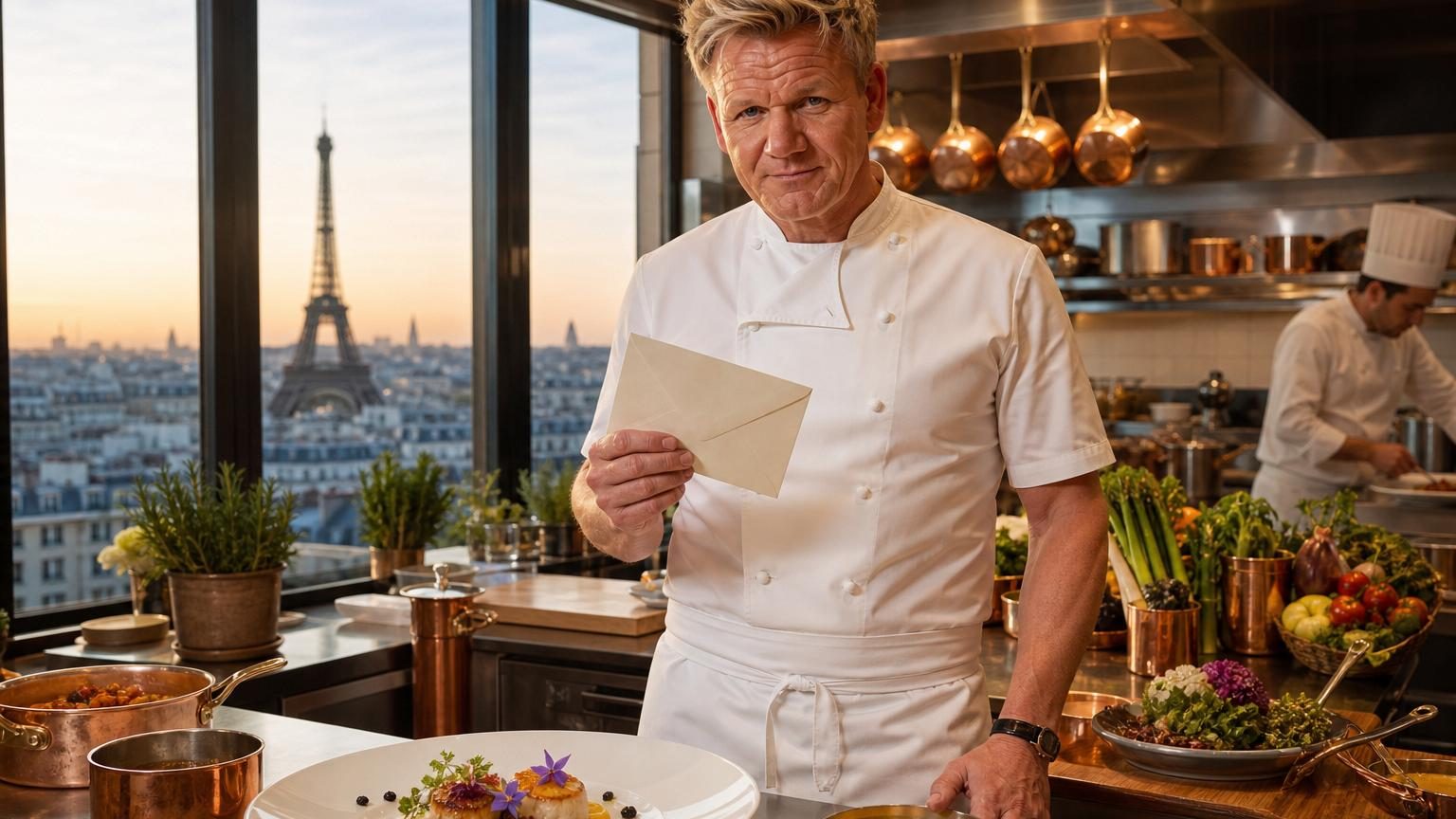 Gordon Ramsay en tenue de chef blanche, pensif dans une cuisine professionnelle, symbolisant son ambition de relever un nouveau défi gastronomique à Paris malgré ses 3 étoiles Michelin.