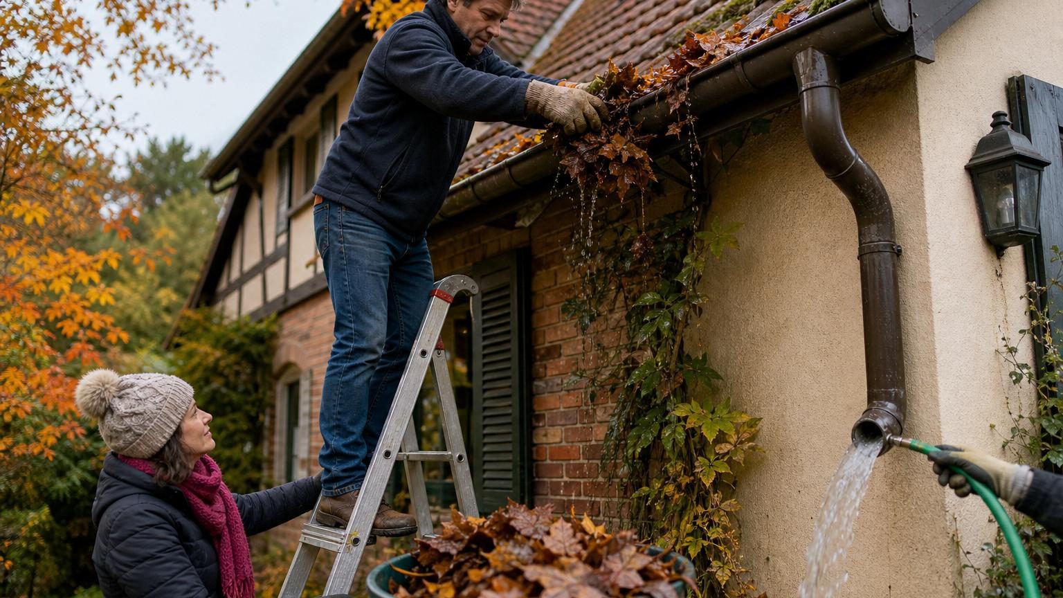 Gouttières bouchées par les feuilles : pourquoi les nettoyer avant l’hiver et comment le faire en sécurité
