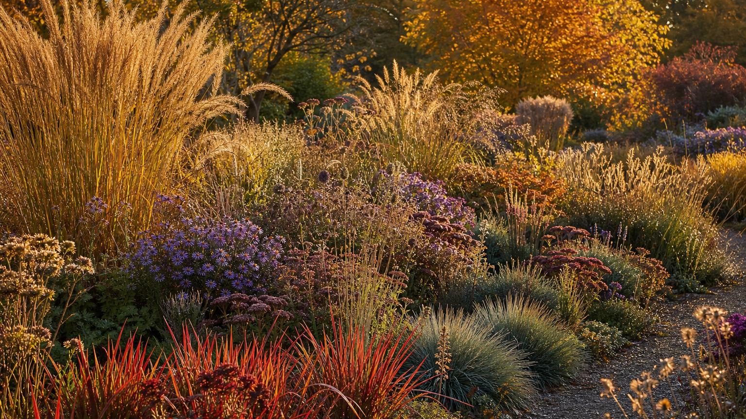 Composition de jardin automnal avec graminées ornementales aux teintes cuivrées et orangées, illuminées par le soleil bas, créant des silhouettes décoratives au milieu de vivaces.