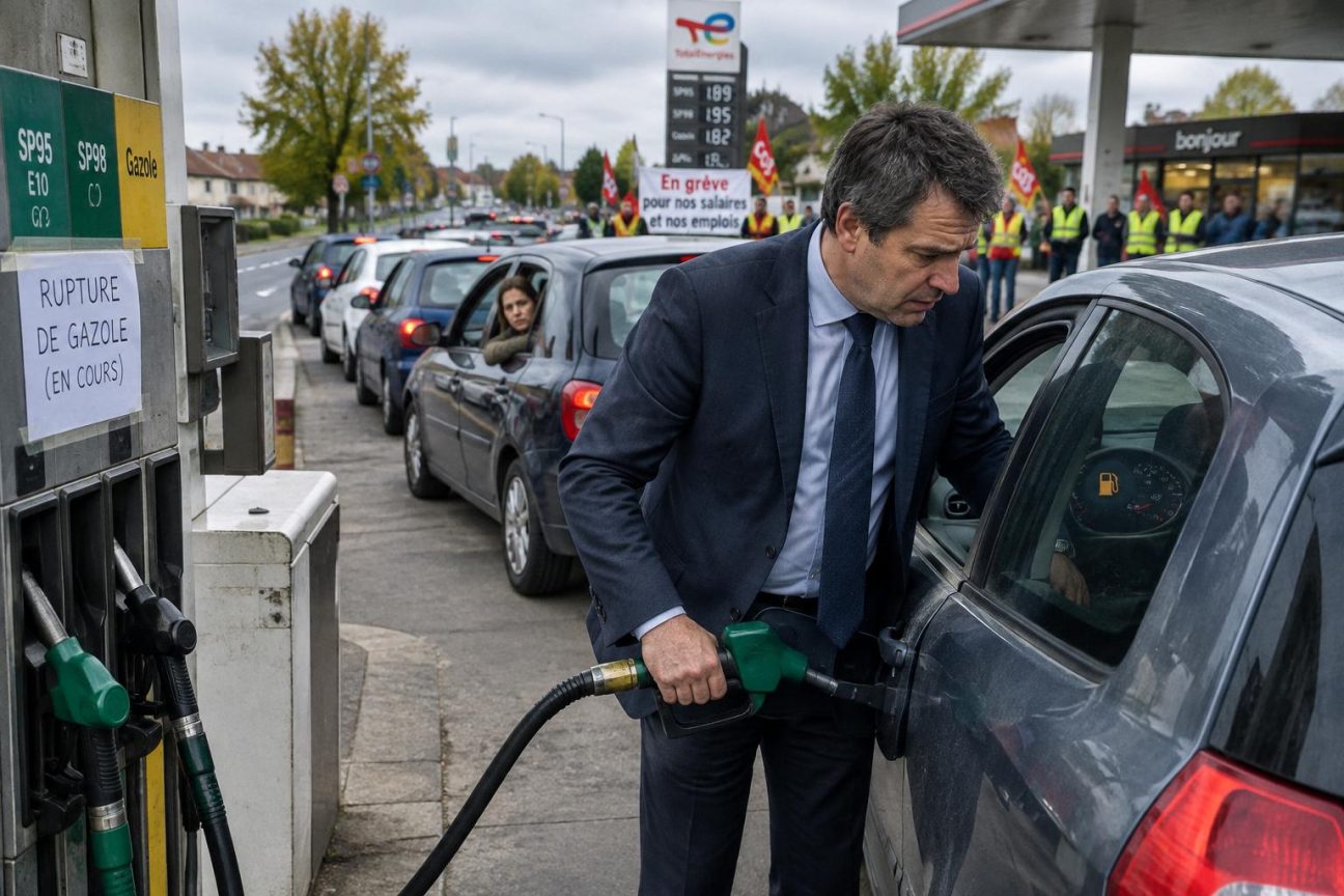 Une voiture aux pompes d'une station-service avec des clients attendant leur tour, illustrant la tension et les préoccupations autour des approvisionnements en carburant.