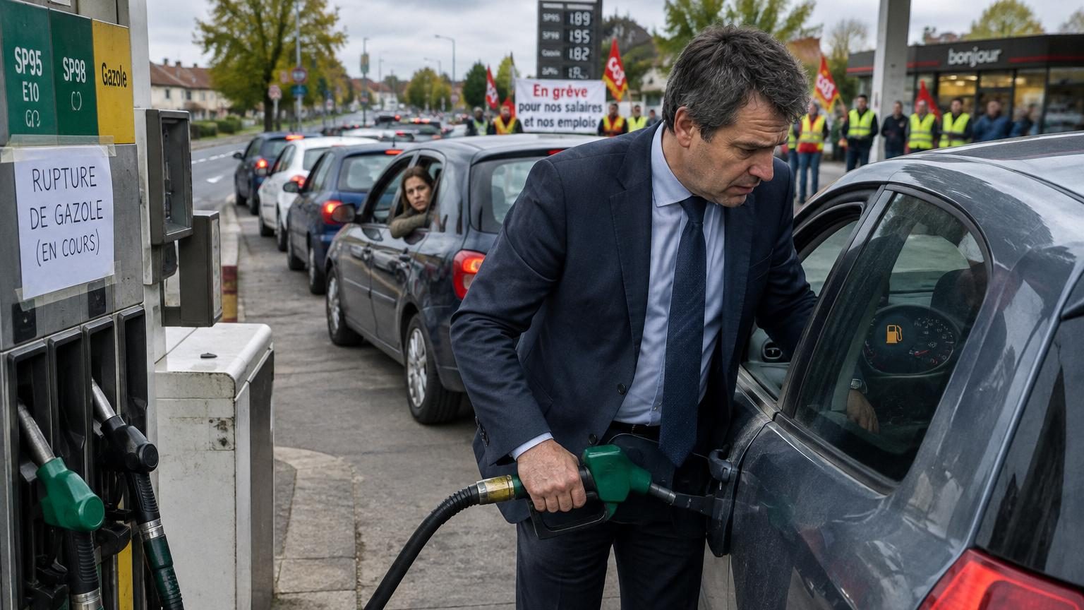 Une voiture aux pompes d'une station-service avec des clients attendant leur tour, illustrant la tension et les préoccupations autour des approvisionnements en carburant.